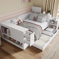 ModernLuxe Canapé-lit enfant 140x190 cm - Avec tiroirs, étagères et espace de rangement - MDF - Blanc (sans matelas)* Lit Avec Rangement