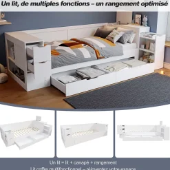 ModernLuxe Canapé-lit enfant 140x190 cm - Avec tiroirs, étagères et espace de rangement - MDF - Blanc (sans matelas)* Lit Avec Rangement