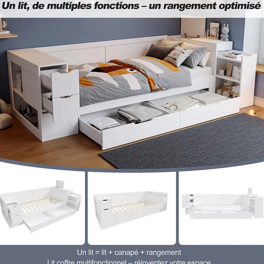 ModernLuxe Canapé-lit enfant 140x190 cm - Avec tiroirs, étagères et espace de rangement - MDF - Blanc (sans matelas)* Lit Avec Rangement