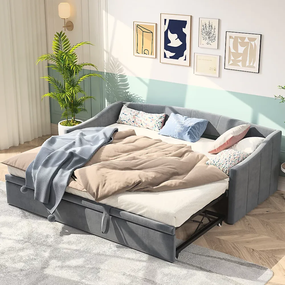 Fortuna lai Canapé-lit, extensible, 140x 200 cm, avec sommier à lattes, tissu en velours, canapé-lit, sans matelas, gris foncé* Lit Coffre