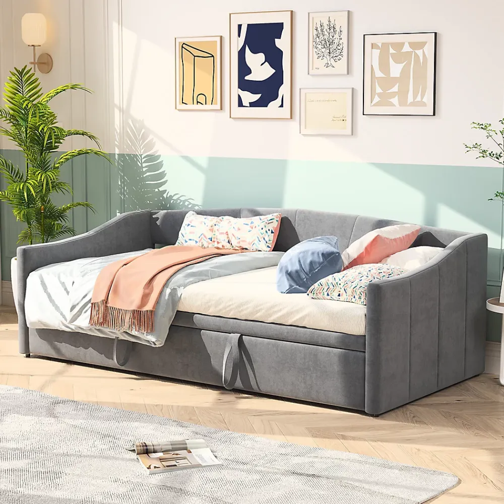 Fortuna lai Canapé-lit, extensible, 140x 200 cm, avec sommier à lattes, tissu en velours, canapé-lit, sans matelas, gris foncé* Lit Coffre