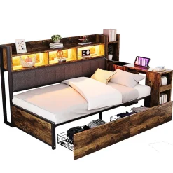 Canapé-lit fer 90x200 cm, rangement, LED, tiroirs, bureau coulissant - couleur bois>Blackcolors Hot