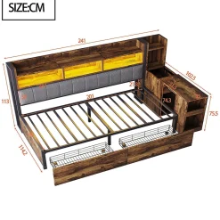 Canapé-lit fer 90x200 cm, rangement, LED, tiroirs, bureau coulissant - couleur bois><noscript><img width=