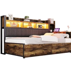 Canapé-lit fer 90x200 cm, rangement, LED, tiroirs, bureau coulissant - couleur bois><noscript><img width=