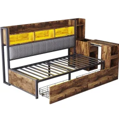 Canapé-lit fer 90x200 cm, rangement, LED, tiroirs, bureau coulissant - couleur bois><noscript><img width=