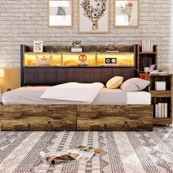 Canapé-lit fer 90x200 cm, rangement, LED, tiroirs, bureau coulissant - couleur bois><noscript><img width=