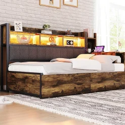 Canapé-lit fer 90x200 cm, rangement, LED, tiroirs, bureau coulissant - couleur bois><noscript><img width=