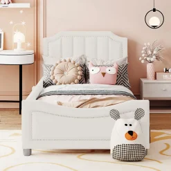 Canapé-lit rembourré 90 sur 200 cm lit modulable flanelle avec dossier et accoudoirs pour adultes ou invités beige><noscript><img width=