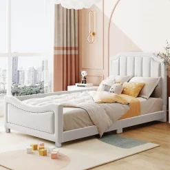Canapé-lit rembourré 90 sur 200 cm lit modulable flanelle avec dossier et accoudoirs pour adultes ou invités beige><noscript><img width=