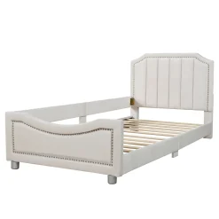 Canapé-lit rembourré 90 sur 200 cm lit modulable flanelle avec dossier et accoudoirs pour adultes ou invités beige><noscript><img width=