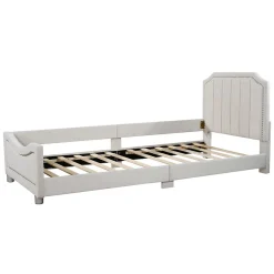 Canapé-lit rembourré 90 sur 200 cm lit modulable flanelle avec dossier et accoudoirs pour adultes ou invités beige><noscript><img width=