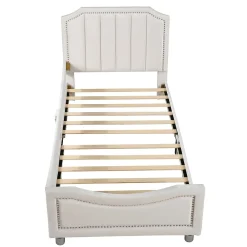 Canapé-lit rembourré 90 sur 200 cm lit modulable flanelle avec dossier et accoudoirs pour adultes ou invités beige><noscript><img width=