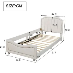 Canapé-lit rembourré 90 sur 200 cm lit modulable flanelle avec dossier et accoudoirs pour adultes ou invités beige><noscript><img width=