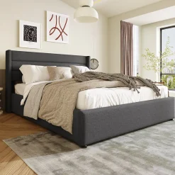 Canapé-lit 180x200 cm avec coffre de rangement hydraulique en tissu lin gris et tête de lit capitonnée>Redom Outlet
