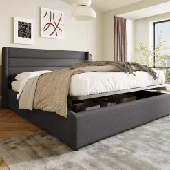 Canapé-lit 180x200 cm avec coffre de rangement hydraulique en tissu lin gris et tête de lit capitonnée>Redom Outlet