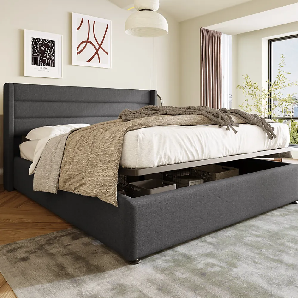 Canapé-lit 180x200 cm avec coffre de rangement hydraulique en tissu lin gris et tête de lit capitonnée>Redom Outlet