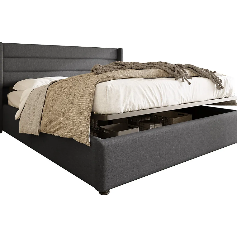 Canapé-lit 180x200 cm avec coffre de rangement hydraulique en tissu lin gris et tête de lit capitonnée>Redom Outlet