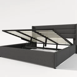 Canapé-lit 180x200 cm avec coffre de rangement hydraulique en tissu lin gris et tête de lit capitonnée><noscript><img width=