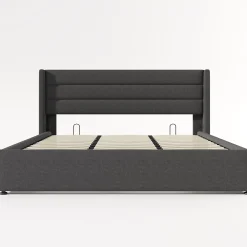 Canapé-lit 180x200 cm avec coffre de rangement hydraulique en tissu lin gris et tête de lit capitonnée><noscript><img width=