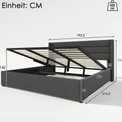 Canapé-lit 180x200 cm avec coffre de rangement hydraulique en tissu lin gris et tête de lit capitonnée><noscript><img width=