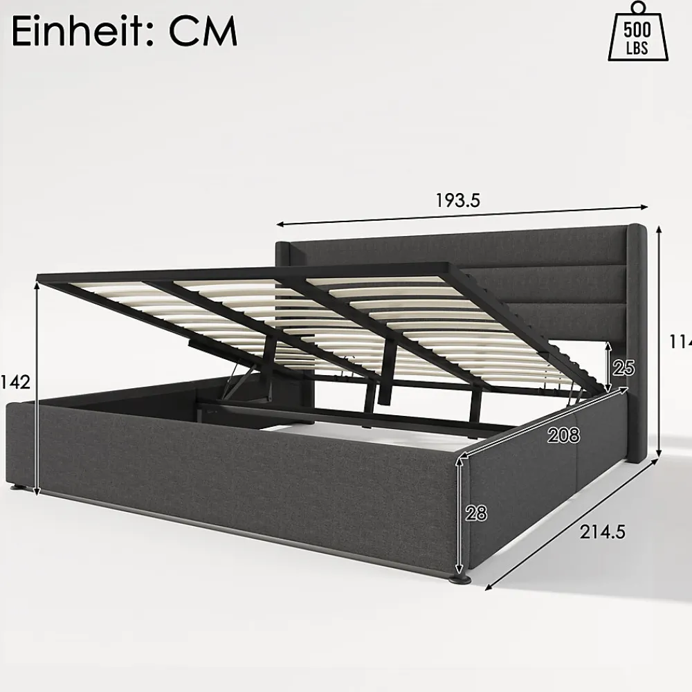 Canapé-lit 180x200 cm avec coffre de rangement hydraulique en tissu lin gris et tête de lit capitonnée>Redom Outlet