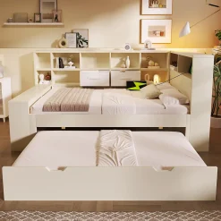 Canapé-lit 90x190 cm avec lit gigogne - USB/Type-C - rangement - bois massif + panneaux - blanc (sans matelas)>ModernLuxe Outlet