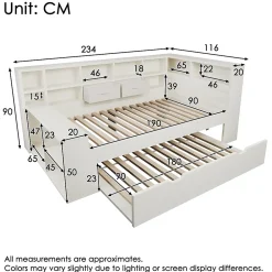 Canapé-lit 90x190 cm avec lit gigogne - USB/Type-C - rangement - bois massif + panneaux - blanc (sans matelas)><noscript><img width=