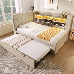 Canapé-lit 90x200 cm avec lit gigogne - LED + rangement - USB - tissu lin - beige (sans matelas)>ModernLuxe New
