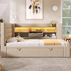 Canapé-lit 90x200 cm avec lit gigogne - LED + rangement - USB - tissu lin - beige (sans matelas)><noscript><img width=