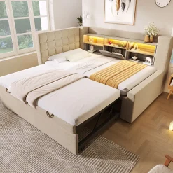 Canapé-lit 90x200 cm avec lit gigogne - LED + rangement - USB - tissu lin - beige (sans matelas)><noscript><img width=