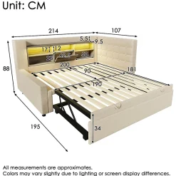 Canapé-lit 90x200 cm avec lit gigogne - LED + rangement - USB - tissu lin - beige (sans matelas)><noscript><img width=