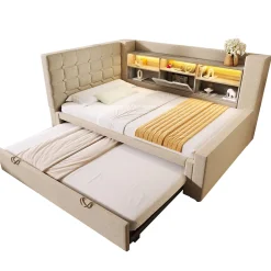 Canapé-lit 90x200 cm avec lit gigogne - LED + rangement - USB - tissu lin - beige (sans matelas)><noscript><img width=