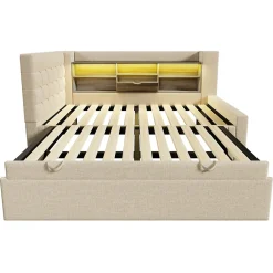 Canapé-lit 90x200 cm avec lit gigogne - LED + rangement - USB - tissu lin - beige (sans matelas)><noscript><img width=