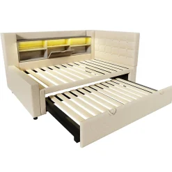 Canapé-lit 90x200 cm avec lit gigogne - LED + rangement - USB - tissu lin - beige (sans matelas)><noscript><img width=