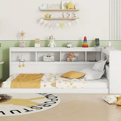 Canapé-lit 90x200 cm avec prises et 2 USB, rangements latéraux, structure panneaux de particules et MDF, blanc>Redom Discount
