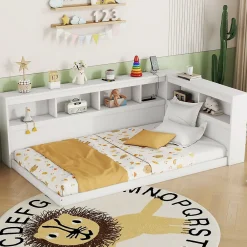 Canapé-lit 90x200 cm avec prises et 2 USB, rangements latéraux, structure panneaux de particules et MDF, blanc>Redom Discount