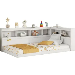 Canapé-lit 90x200 cm avec prises et 2 USB, rangements latéraux, structure panneaux de particules et MDF, blanc><noscript><img width=