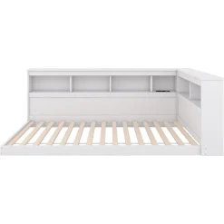 Canapé-lit 90x200 cm avec prises et 2 USB, rangements latéraux, structure panneaux de particules et MDF, blanc><noscript><img width=