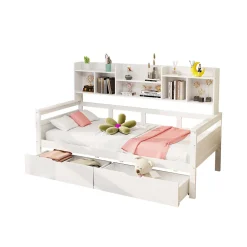 Canapé-lit 90x200 cm avec tiroirs et étagères sommier bois massif blanc>Redom Hot