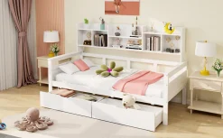 Canapé-lit 90x200 cm avec tiroirs et étagères sommier bois massif blanc><noscript><img width=