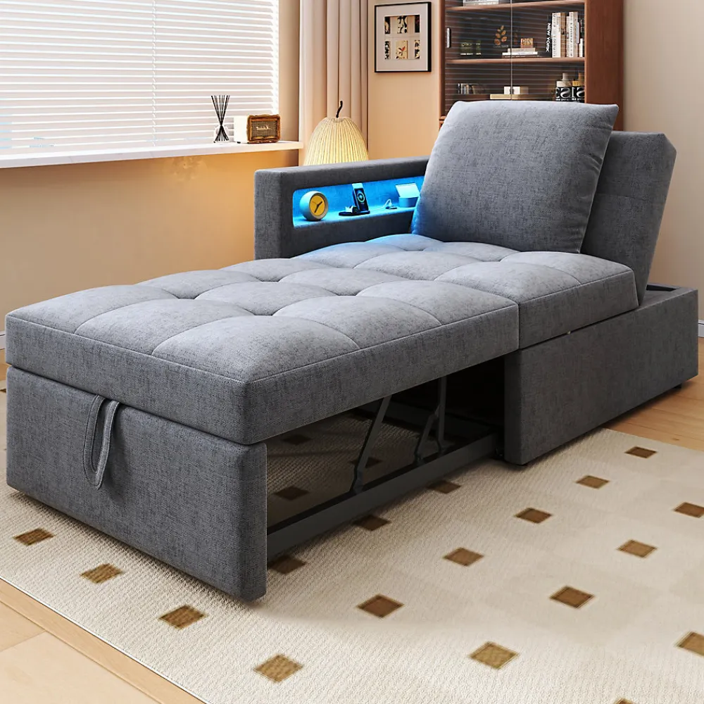 Canapé-lit 140x190 cm convertible clic-clac avec coffre, tissu gris, design contemporain>Redom Hot