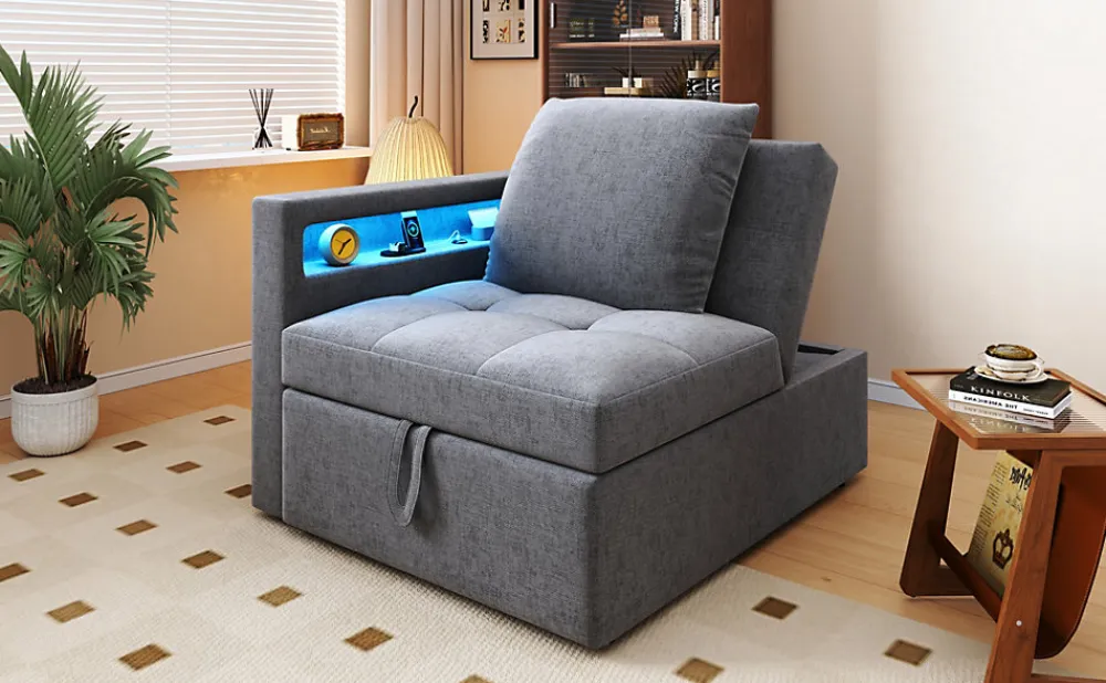 Canapé-lit 140x190 cm convertible clic-clac avec coffre, tissu gris, design contemporain>Redom Hot