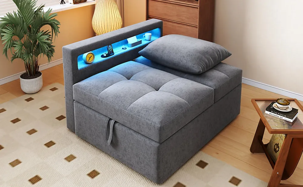 Canapé-lit 140x190 cm convertible clic-clac avec coffre, tissu gris, design contemporain>Redom Hot