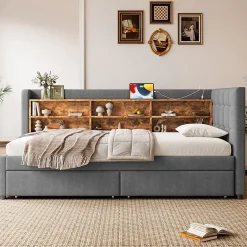 Redom Canapé-lit 140x190 cm convertible clic-clac en tissu gris avec coffre discret, structure métal, contemporain* Lit Coffre