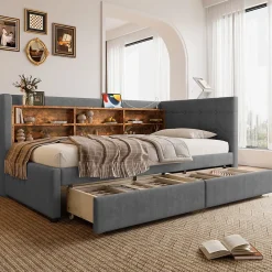 Redom Canapé-lit 140x190 cm convertible clic-clac en tissu gris avec coffre discret, structure métal, contemporain* Lit Coffre