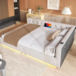 Canapé-lit 140x190 cm convertible clic-clac avec coffre de rangement en tissu gris, design contemporain><noscript><img width=