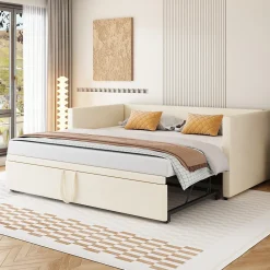 Canapé-lit 90x200 cm convertible en 180x200 cm avec sommier à lattes, tissu velours beige>Redom Outlet