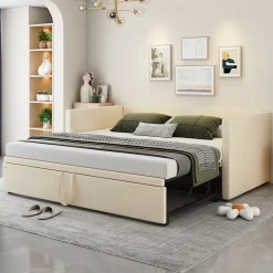 Canapé-lit 90x200 cm convertible en 180x200 cm avec sommier à lattes, tissu velours beige><noscript><img width=