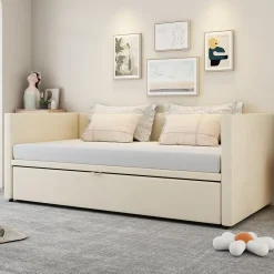 Canapé-lit 90x200 cm convertible en 180x200 cm avec sommier à lattes, tissu velours beige><noscript><img width=