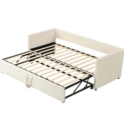 Canapé-lit 90x200 cm convertible en 180x200 cm avec sommier à lattes, tissu velours beige><noscript><img width=